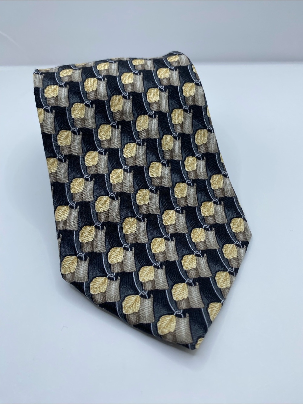 Ermenegildo Zegna Black Tie with Gold and Gray Geometric Motif
